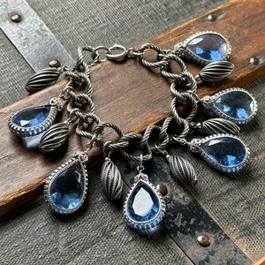 Vintage 1950’s Napier Germany Silver Tone & Blue Glass Teardrop Charm Bracelet